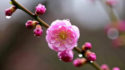  a pink flower with water droplets on it, surrounded by a few other pink flowers and buds on a stem The background is slightly blurred, giving the image a dreamy fe
