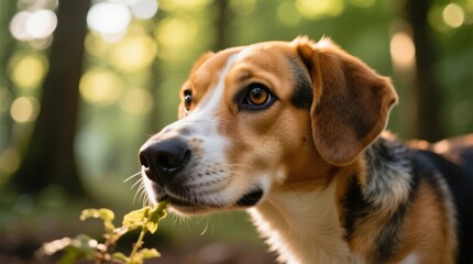  a brown, black and white beagle dog sniffing a leaf in the woods The background is blurred, giving the focus to the dog and the leaf