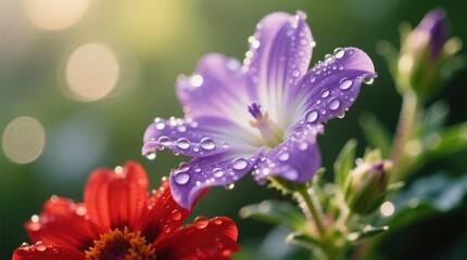 Fototapeta premium two vibrant flowers with water droplets glistening on their petals, surrounded by lush green leaves and buds The background is slightly blurred, giving the image a