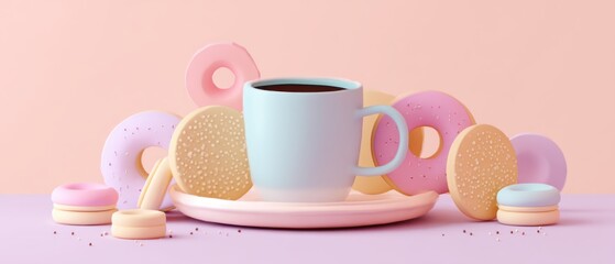 3D illustration of coffee cup with rising steam, minimalist cozy background in soft beige colors