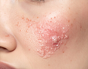 Fototapeta premium Eczema close up skin: Close up of skin reveals eczema on face feeling itchy and uncomfortable, needs skincare treatment