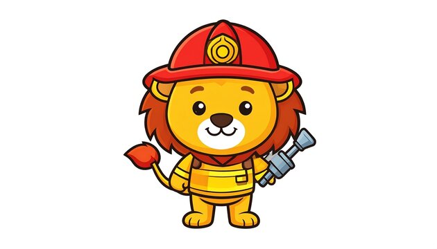 Cute cartoon lion firefighter