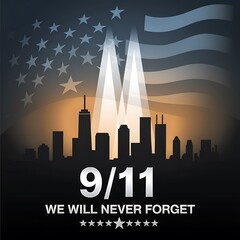 9/11 we will never forget text with American flag and colorful sunset