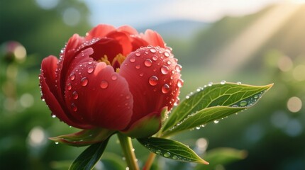  a vibrant red peony flower with water droplets glistening on its petals and leaves, set against a blurred background