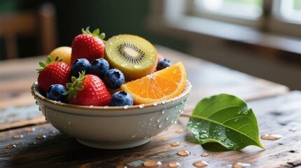  a bowl of fresh fruit sitting on top of a wooden table, with a leaf beside it The background is slightly blurred, giving the focus to the bowl of fruit