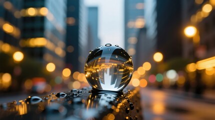 a glass ball sitting on top of a table in the middle of a city at night, with water droplets glistening on its surface The background is blurred, with buildings an