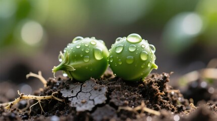  two green tomatoes with water droplets on them, growing in the soil with a blurred background