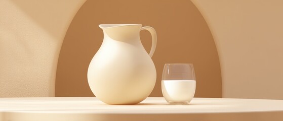 Minimalist still life with jug and glass of milk on beige background, modern healthy food concept illustration
