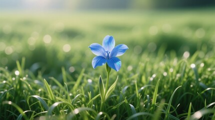 a blue flower in the middle of a lush green field, with a blurred background The flower is vibrant and stands out against the green grass, making it the focal poin