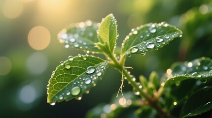  a green leaf with water droplets glistening on its surface, set against a blurred background