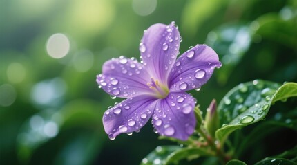  a vibrant purple flower with water droplets glistening on its petals and leaves, set against a blurred green background
