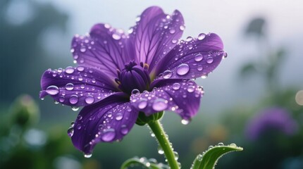  a vibrant purple flower with water droplets glistening on its petals and leaves, set against a blurred background
