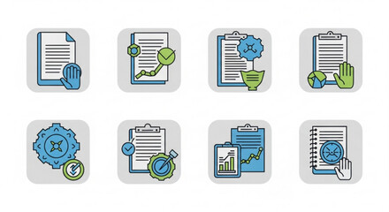 Set of business and security icons, representing data protection, compliance, and regulatory standards