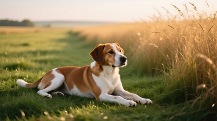  a brown and white dog laying in a field of tall grass, with a blurred background