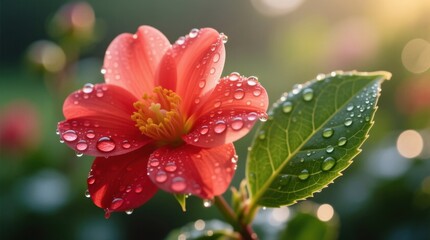  a vibrant red flower with water droplets glistening on its petals and leaves, set against a blurred background