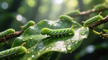Fototapeta premium a group of green caterpillars on a leaf with water droplets glistening on its surface The background is slightly blurred, giving the image a dreamy feel