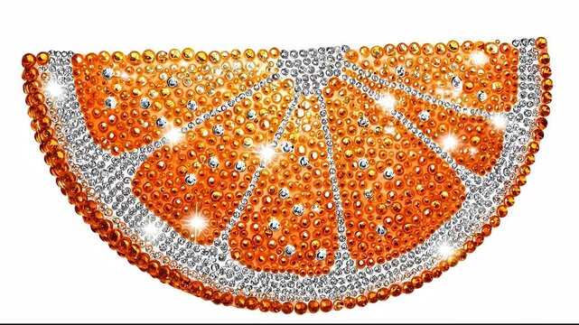 An orange slice covered in orange gems features a striking orange and silver pattern. The orange gems and silver details enhance the orange slice's intricate design.