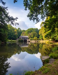 Obraz premium A tranquil water mill reflected in a still pond, framed by lush autumnal foliage