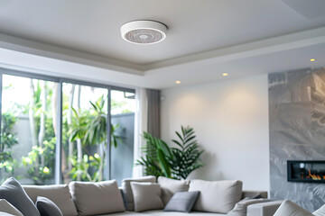 Fire safety device installed on sleek ceiling of minimalist modern residence