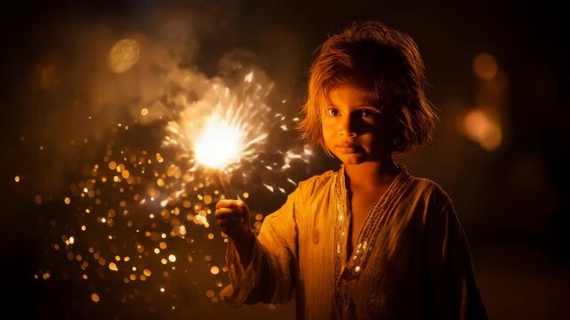 In the warm glow of the night, a child holds a sparkler, its fiery sparks illuminating her face. The image captures a moment of celebration and the magic of the event.