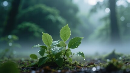  a small green plant with water droplets on it in the middle of a forest, surrounded by lush green grass and trees in the background The background is slightly blur