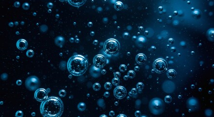 Blue bubbles underwater with dark background, perfect for aquatic and naturethemed designs, backgrounds, or advertisements related to water.