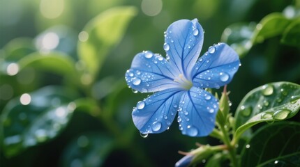  a blue flower with water droplets on it, surrounded by lush green leaves in the background