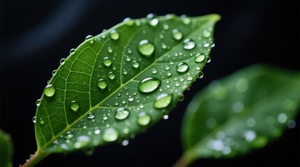 a green leaf with water droplets glistening on its surface, set against a dark background