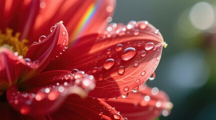 Fototapeta premium a vibrant red flower with water droplets glistening on its petals, set against a blurred background