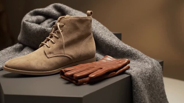 Autumn fashion accessories - Close up of a tan colored suede ankle boot next to a pair of brown leather gloves and a gray scarf. These accessories are on a gray platform.