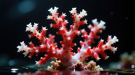 Fototapeta premium a close up of a red and white coral in an aquarium, with a blurred background The coral is vibrant and stands out against the dark background, making it the focal