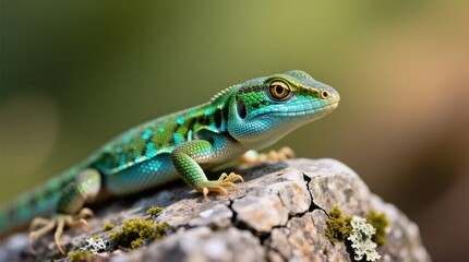 Fototapeta premium a green lizard perched atop a rock, its vibrant colors standing out against the blurred background