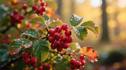 Obraz premium a tree with red berries and water droplets on it, set against a blurred background The berries are vibrant and the leaves are a deep green, creating a beautiful co