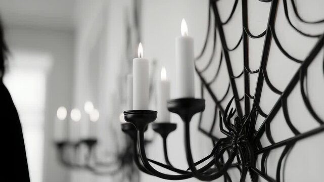 A black spider accentuates the black candle holder against the black web-like design. The black candles add a striking contrast to the intricate black fixture.