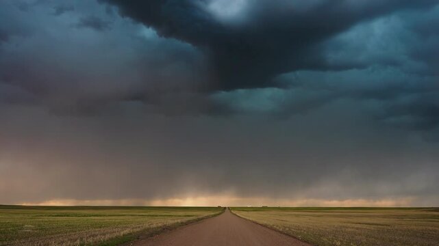 Intense lightning bolts illuminate dark storm clouds over open plains 