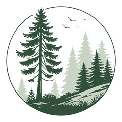 Pine forest scene in circle icon flat vector evergreen trees