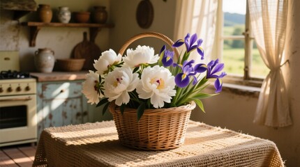  a basket of flowers sitting on top of a table in a kitchen The table is covered with a cloth and the basket is filled with a variety of colorful flowers To the le