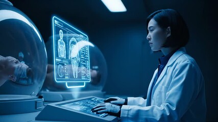 A scientist in a lab coat interacts with a digital screen displaying medical data. The scientist focuses on the medical screen while analyzing the data in the lab. - Powered by Adobe