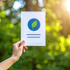 Hand holding a white card with a blue leaf symbol