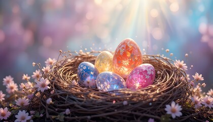 Easter nest with crystal eggs reflecting rainbow light, dreamy and magical atmosphere, artistic background