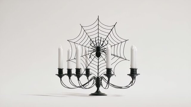 A black spider sits on a black web, part of a black candelabra. The candelabra's black design features five black candles creating a cohesive black theme.