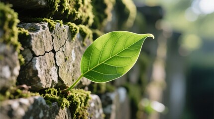  a green leaf growing out of a crack in a stone wall, with a blurred background