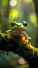 Close-up of vibrant green tree frog on mossy branch