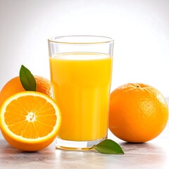 Fresh orange juice in a glass, with whole and sliced oranges
