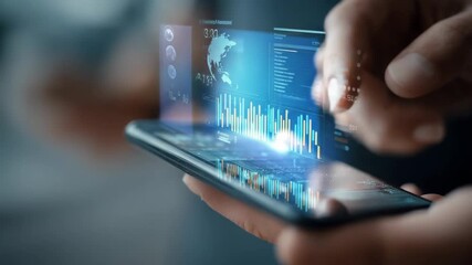 A person's hand holds a tablet displaying a holographic financial data interface, symbolizing modern technology and business analysis. - Powered by Adobe