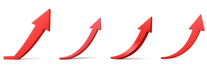 Red upward arrow set, 4 uprising arrows in one pack, transparent background, indicates business rising, growth and development
