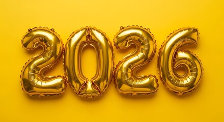Golden balloons spelling out the year 2026 on a bright yellow background, symbolizing the upcoming new year and celebration