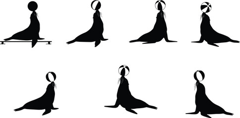 Seal Silhouettes Balancing Beach Balls in Varied Sitting Poses — Playful Animal Vector Set for Circus, Entertainment, and Kids Design Projects