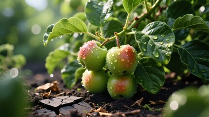 Obraz premium a tree with green apples growing on it, with water droplets glistening on their surfaces The background is slightly blurred, giving the image a dreamy feel