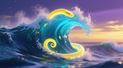  a yellow snake coiled up on top of a wave in the ocean, with a sky full of clouds in the background The image is animated, giving it a dynamic and vibrant feel